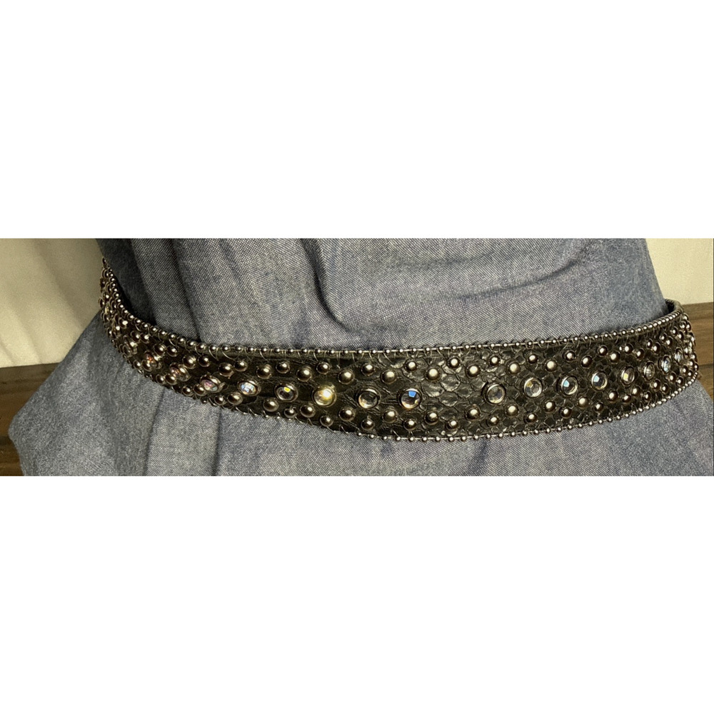Fancy Bejeweled Cowgirl Belt Leather Black Silver Size M/L Bling Accessory EUC - Picture 4 of 8
